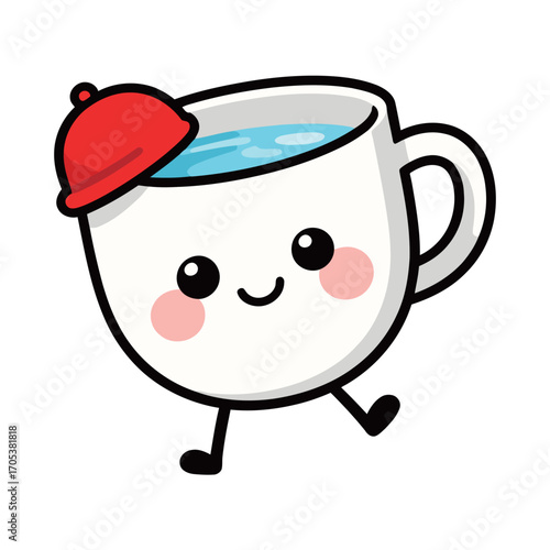 Cute cartoon coffee cup character with a happy face and a red hat.