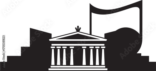 Silhouette of Classical Building with Musical Note on Transparent Background Vector Design