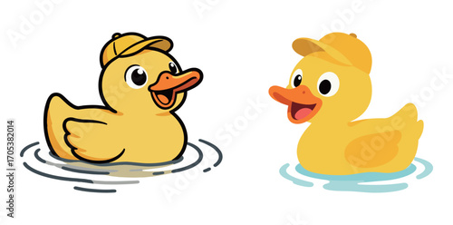 Two cute rubber duck cartoon characters with happy faces and yellow hats.