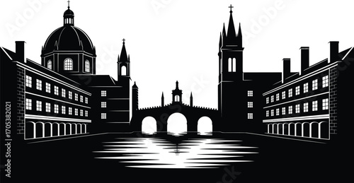 Detailed Silhouette of a European Cityscape with River Reflection and Architectural Landmarks Vector