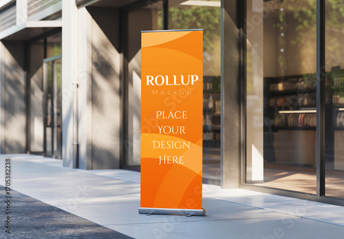 Outdoor Vertical Roll Up Banner Mockup for Storefront Advertising