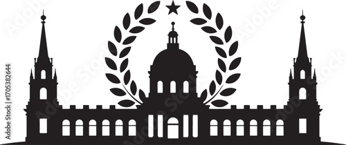 Detailed Silhouette of Grand Building with Dome and Laurel Wreath Vector on Transparent