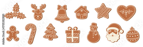 Set of Christmas gingerbread. Icons, doodles. Traditional Christmas cookies. Vector illustration on transparent background.