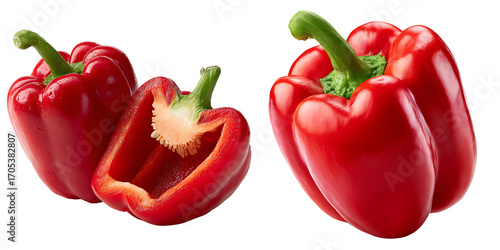 Set of Whole and Sliced Red Bell Peppers with Water Droplets, isolated on a transparent background.