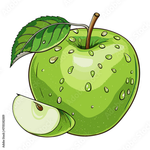 Juicy Green Apple with Leaf, Water Drops, and Slice Illustration