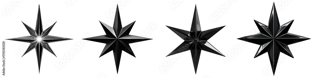 Fototapeta premium Set of Shiny 3D Black Star Symbols, isolated on a transparent background.