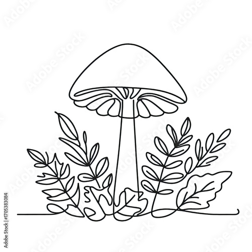 Simple Continuous one line drawing  illustration of a mushroom. Transparent background png file 