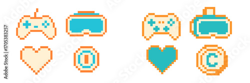 Pixel game icons: controllers, VR headset, hearts, and coin