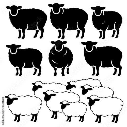 Sheep black silhouettes set isolated on white background. Vector illustration