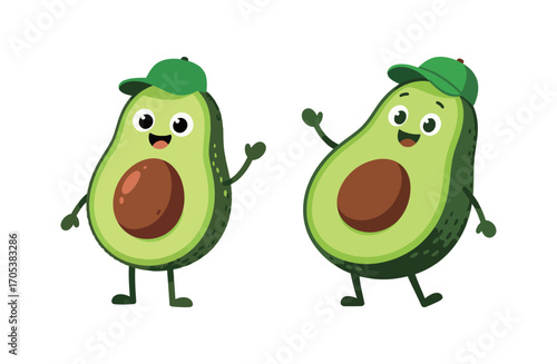 Two cute avocado cartoon characters with happy faces and green hats.
