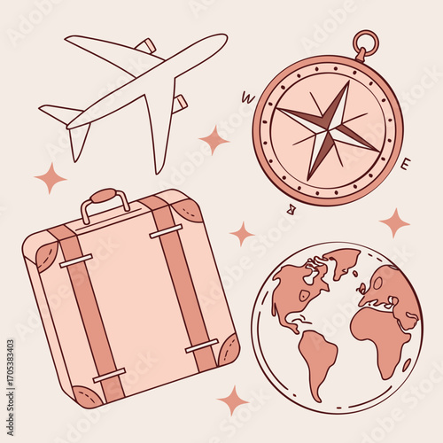 Illustration of a suitcase, airplane, compass, and globe, symbolizing travel and exploration on a beige background