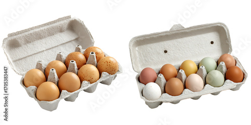 Set of Whole Chicken Eggs in a Cardboard Carton, isolated on a transparent background.