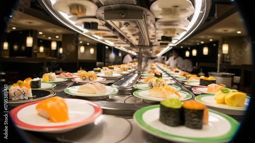 Wallpaper Mural Sushi plates glide effortlessly on conveyor belt in a lively restaurant setting, showcasing a delightful selection of Japanese cuisine Torontodigital.ca