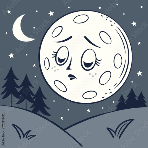 Vector art of a cartoon moon with a sad face in a night landscape, conveying a sense of loneliness