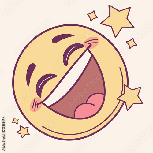 Vector art of a cartoon yellow emoji face laughing hysterically with stars vector illustration