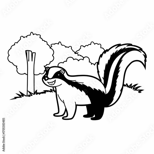 Vector art of a cartoon skunk standing in a forest clearing with trees and bushes in a black and white line art illustration