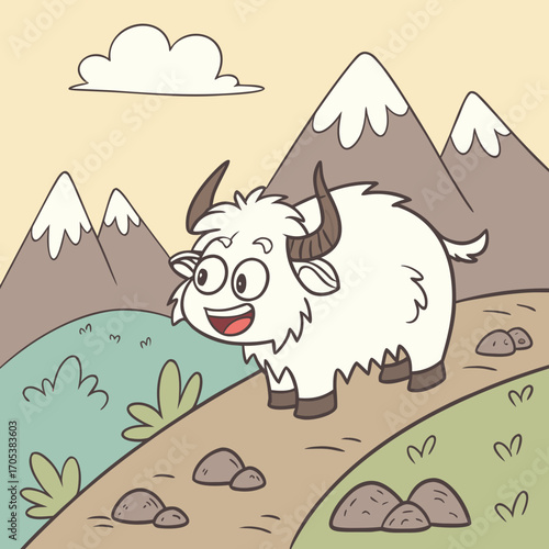 Vector art of a cute yak stands on a hill with mountains and a cloud in the background, creating a whimsical and charming scene