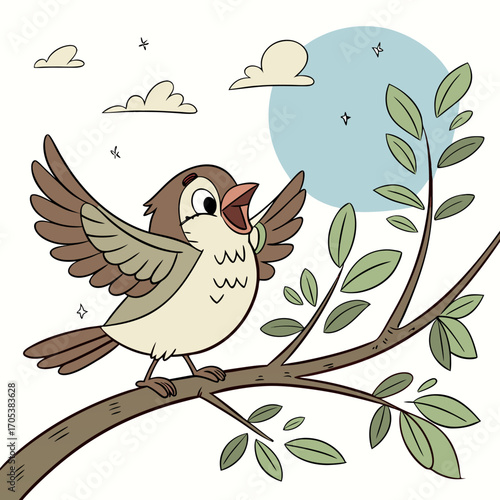 Vector art of a cheerful sparrow perched on a branch singing under the moonlight, surrounded by clouds in a delightful illustration