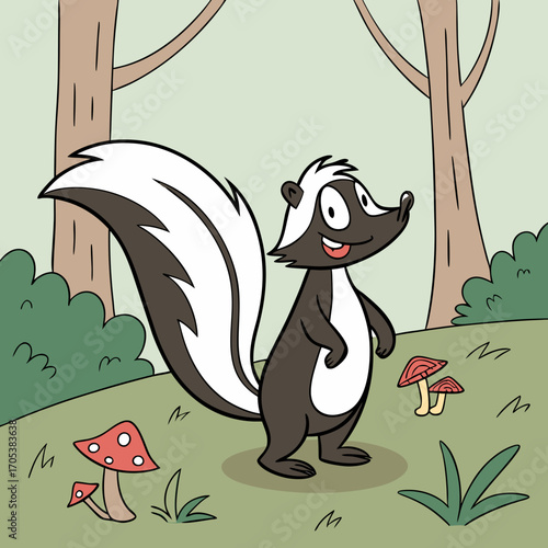 Vector art of a cute cartoon skunk standing in a forest clearing with trees, bushes, and mushrooms in a whimsical illustration