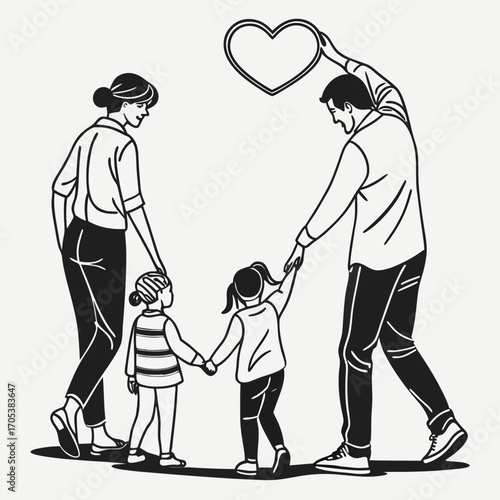 Vector art of a family of four walks hand in hand, united by love and support, creating a heartwarming scene