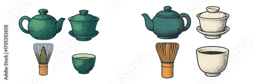 Traditional Japanese matcha tea set with whisks and bowls