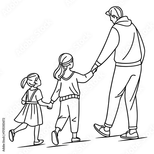 Vector art of a father walks hand in hand with his two daughters, creating a heartwarming family moment