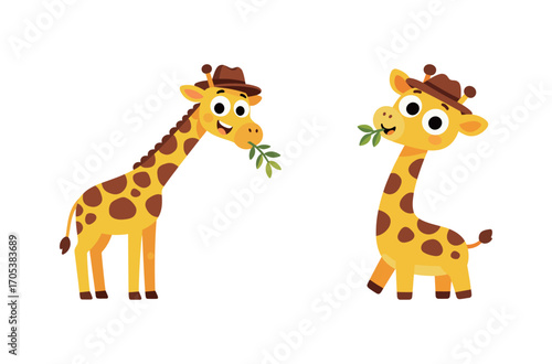 Two cute giraffe cartoon characters eating leaves with happy faces.