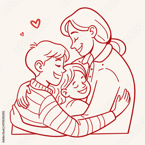 Vector art of a mother embraces her two children with love and warmth, creating a tender family moment
