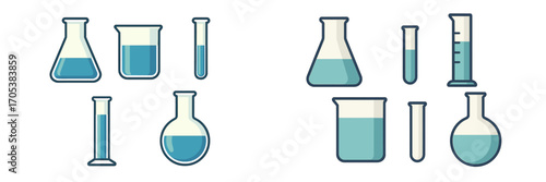 Assorted laboratory glassware containing blue liquid for scientific research