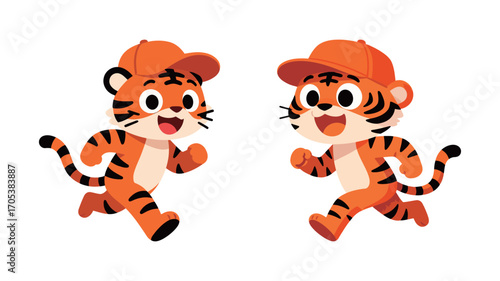 Two cute baby tiger cartoon characters running happily with orange caps.