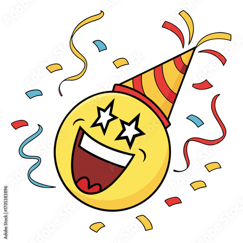 Vector art of cartoon emoji wearing a party hat and surrounded by confetti for a celebration or birthday