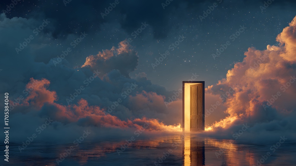 Obraz premium Surreal glowing door in the sky among clouds as symbol of opportunity and hope
