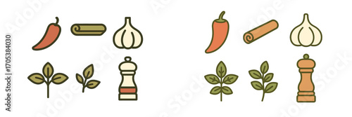 Collection of culinary herbs, spices, and seasonings in a flat design style