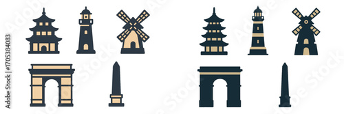 Famous architectural landmarks and structures in a flat design style