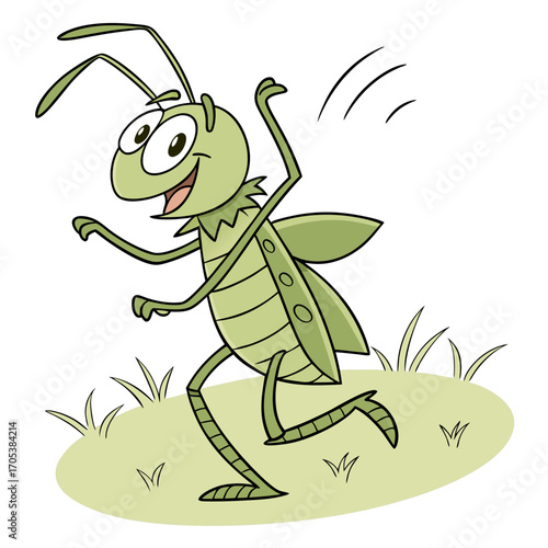 Vector art of cheerful cartoon grasshopper dancing on a green patch, radiating joy and playful energy