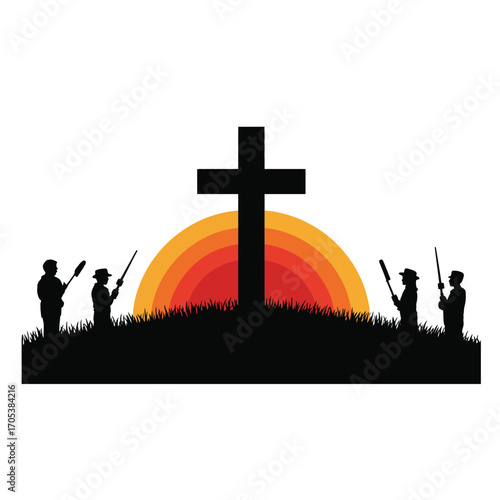 Silhouette vector of ANZAC dawn service with cross and horizon, symbolizing remembrance, tribute, and military honor on white background