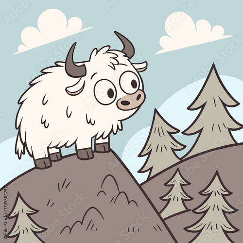 Vector art of cartoon white yak standing on a hill with pine trees and clouds for a childrens book illustration or nature scene