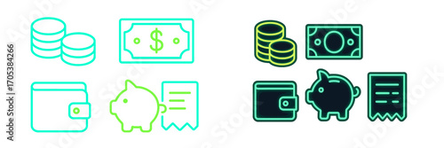 Financial icons for savings, wallet, cash, and coins