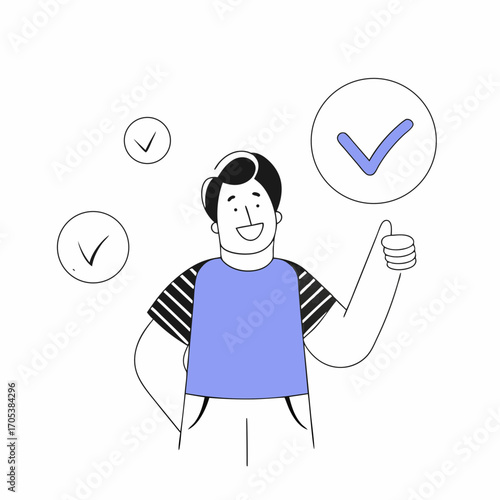 Vector art of cheerful man giving thumbs up with check mark, symbolizing approval and positive feedback