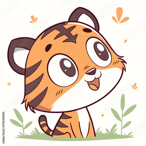 Vector art of cute cartoon tiger cub looking up adorable animal character for childrens illustration and design