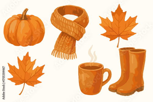Cozy Autumn Harvest Elements: Pumpkin, Maple Leaves, Scarf, Boots, Hot Drink