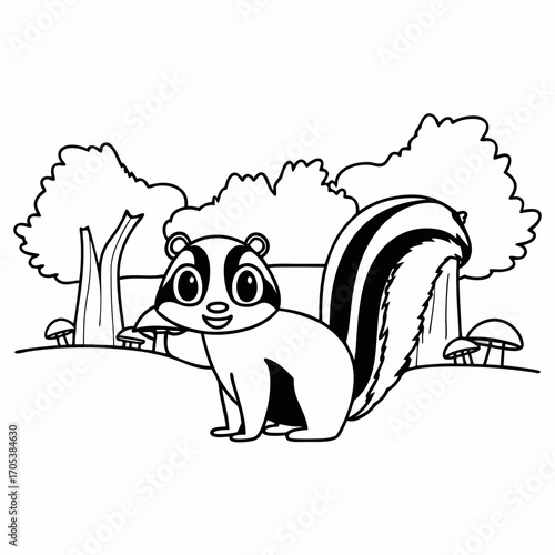 Vector art of cute skunk standing in a forest with trees and mushrooms, vector line art illustration