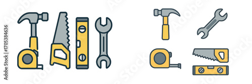 Assorted construction and DIY tools: hammer, saw, tape measure, level, wrench