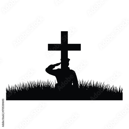Silhouette vector of a soldier saluting in front of a cross, symbolizing military tribute, remembrance, and honor on white background