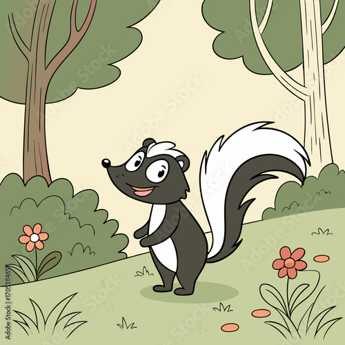 Vector art of cute skunk standing in a forest with trees, bushes, and flowers vector cartoon illustration of a skunk in nature