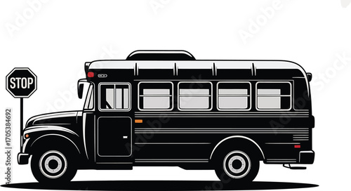 Classic School Bus Silhouette with Stop Sign Depicting Transportation and Safety Vector Graphic