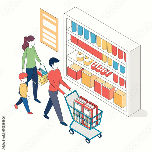 Vector art of family shopping for groceries at the supermarket isometric vector illustration
