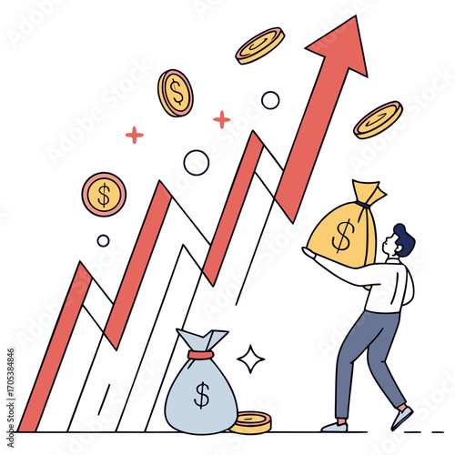 Vector art of financial growth illustration, showcasing a dynamic upward trend with money bags and coins