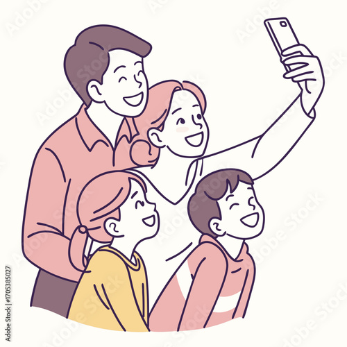 Vector art of happy family taking selfie, capturing joyful moments and creating lasting memories with love and laughter