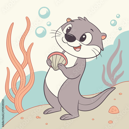 Vector art of happy otter holding a seashell underwater, adorable marine animal cartoon character in the sea with seaweed and bubbles